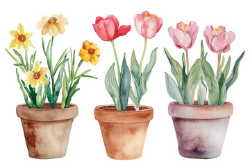 Set of watercolor painting spring or summer flowers and leaves branch in pot garden plants vector illustration