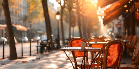 French cafe with cozy elegant Parisian charm in morning light. Concept French Cafe, Cozy Atmosphere, Parisian Charm, Morning Light, Elegant Decor