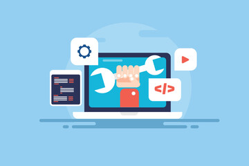 Web development website fixing migration, installation coding programming concept, application technology system maintenance vector illustration.
