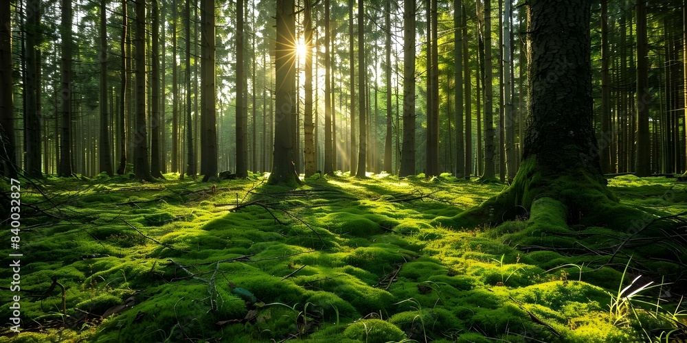 Poster lush scandinavian forest with abundant trees green moss and sunlight filtering through. concept scan
