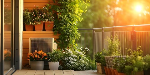 Fototapeta premium Mini balcony power plant for generating own electricity with easy plugan. Concept Balcony Power Plant, Sustainable Energy, Mini Electricity Generator, Easy Plug-in System