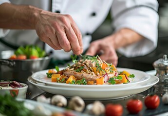 chef plating a gourmet, diet-friendly dish with precision, featuring a mix of lean protein, fresh vegetables, and vibrant garnishes, in a high-end restaurant kitchen