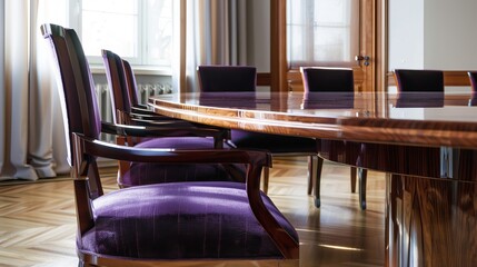 Large wooden desk with four purple-upholstered chairs; interior furnishings; wooden office furniture