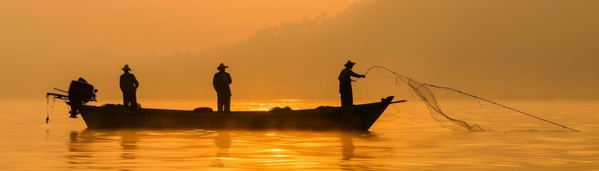 Fototapeta premium A of fishermen casting their nets from a boat in the early morning