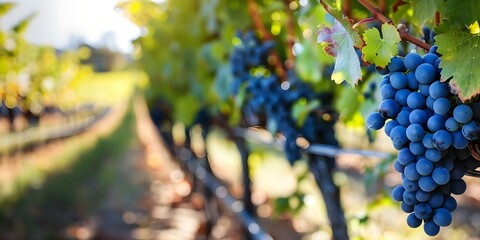 Fototapeta premium Sunset illuminating vineyard with grape vines. Concept Sunset Photography, Vineyard Landscape, Grape Vines, Nature Photography
