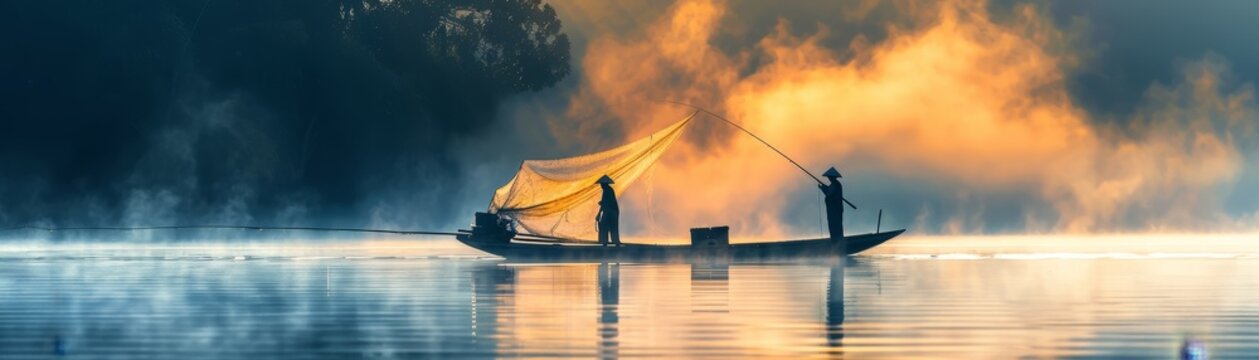 A of fishermen casting their nets from a boat in the early morning