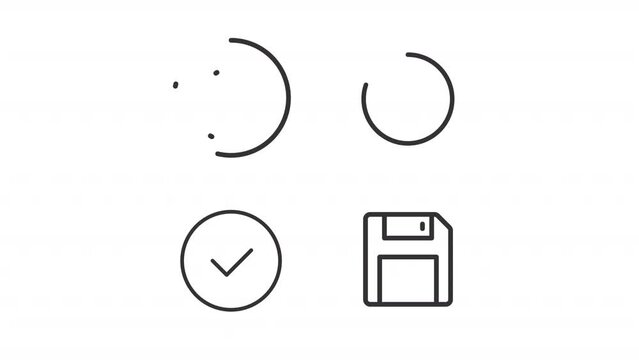Loading circles animation set. Web loader spinner animated line icons. Floppy disk, saving diskette. Black illustrations on white background. HD video with alpha channel. Motion graphic