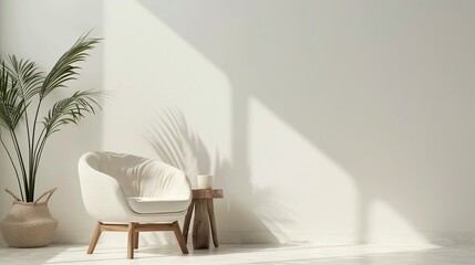 Modern home decor features a minimalist living room with a design armchair, a wooden stool, plants,...