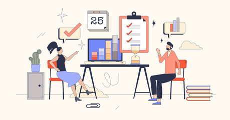 Performance management and sales report tiny person neubrutalism concept. Financial improvement or result analysis for productivity and efficiency vector illustration. Business goal optimization.