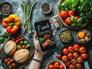 A person is holding a cell phone that says "Food Delivery" on it