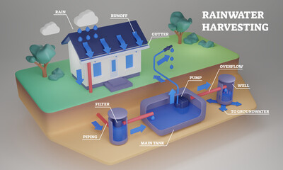 Rainwater harvesting and runoff water conservation system in 3D illustration. Labeled mechanical...