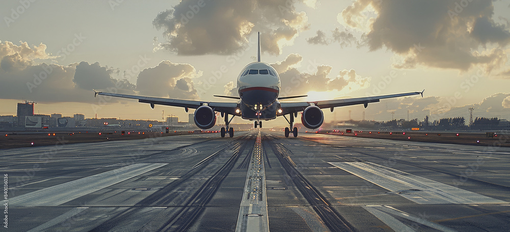 Poster An airplane landing on the runway with flaps extended and wheels down. Generative AI.