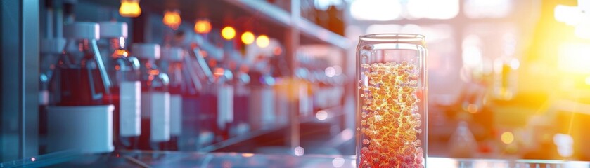 Colloidal particle suspension, glass container, lab setting, bright light, close-up view