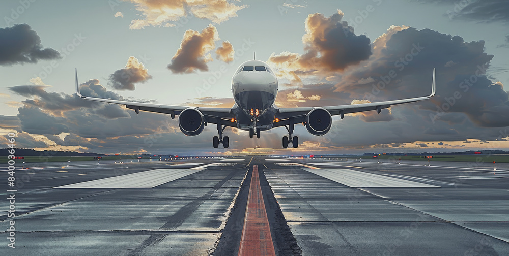 Poster An airplane landing on the runway with flaps extended and wheels down. Generative AI.