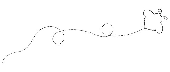 Bee on dotted route, bumblebee fly on dotted line path, white background. Happy bee on dotted route to honey or hive, bee on dot line way for journey travel or delivery logistics. eps 10