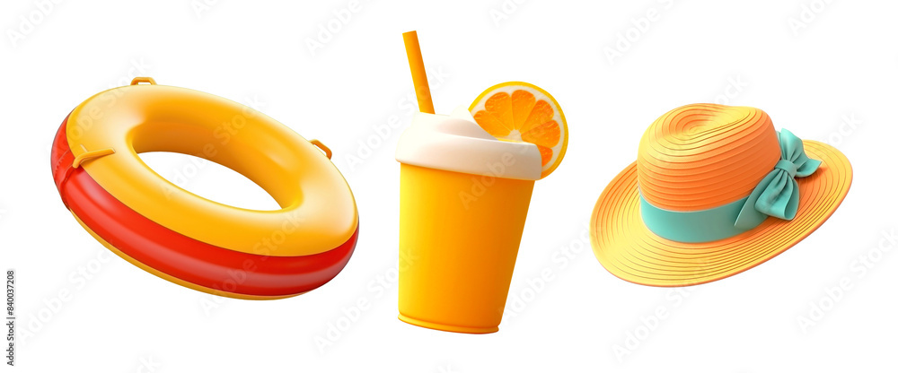 Poster 3d summer objects png element set on transparent background