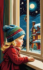 Obraz premium Cute little blonde toddler girl wearing beanie waiting at the window for the Santa Claus on Christmas day.