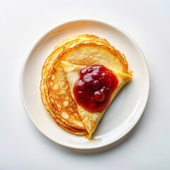 The Perfect Russian Breakfast: A Thin Pancake with Jam, Showcasing Simplicity and Elegance on a White Ceramic Plate in a Minimalist Setting