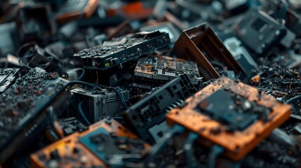 A pile of old electronic devices, including a computer monitor, a keyboard, and a mouse. The pile is covered in dust and debris, and the devices are in various states of disrepair