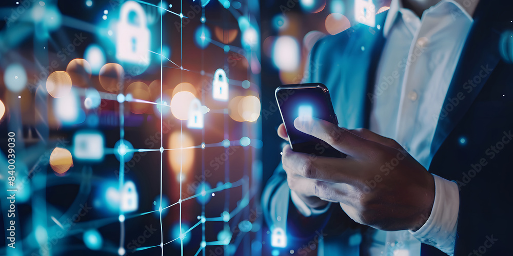 Poster cybersecurity and privacy concepts to protect data. businesses use smartphones with cyber security t