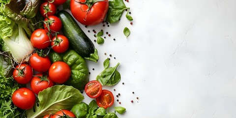 Top view of fresh vegetables on white background in creative layout. Concept Food Photography, Top View, Fresh Vegetables, White Background, Creative Layout