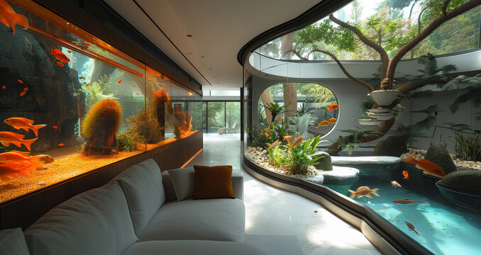 A bougie and posh living room having a huge surreal tropical aquarium with non-buoyant bubbles and exotic fish denizens. Generative AI.