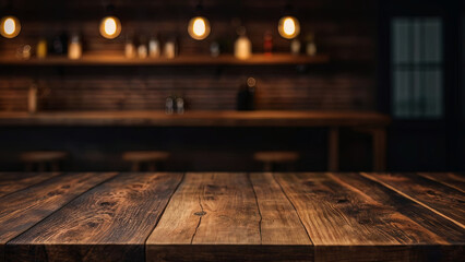 Empty dark wooden table top on blurred bar or restaurant background with warm lighting. Banner with copy space. Template showcase scene for display, montage, advertising product.
