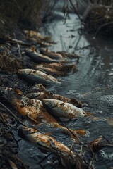 Fototapeta premium a group of dead fish along the bank of a river with dark polluted water