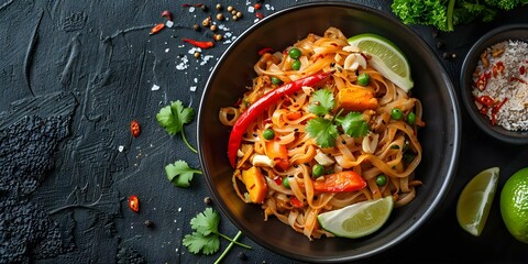 Top view of spicy vegetarian pad thai dish with vegetables. Concept Food Photography, Top View, Vegetarian Cuisine, Spicy Dish, Asian Noodles