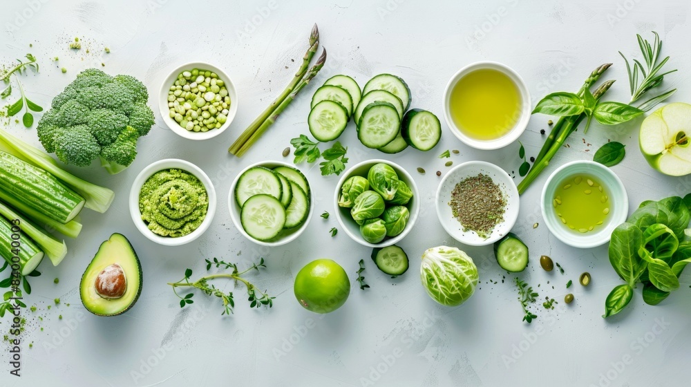 Canvas Prints Healthy green vegetables and ingredients on white background. Fresh and organic produce for healthy eating. Top view. Ideal for recipes, blogs, and nutritional info. Bright and clean style. AI