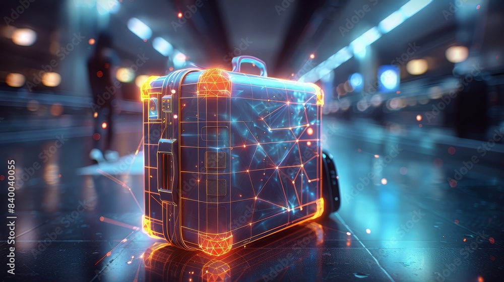 Leinwandbilder polygon suitcase, highlighted with connected triangles, bright connecting lines. generative ai.