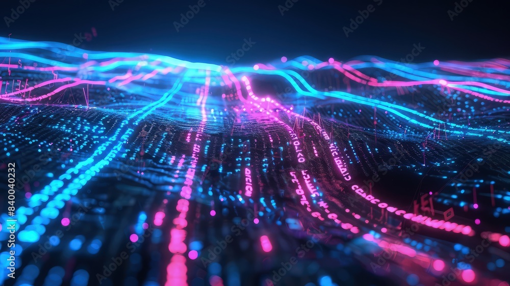 Poster a digital landscape of flowing source code, with lines of c++ streaming over a virtual terrain that 