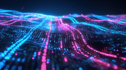 Obraz premium A digital landscape of flowing source code, with lines of C++ streaming over a virtual terrain that mimics a cityscape at night, highlighted by neon blue and pink lights.