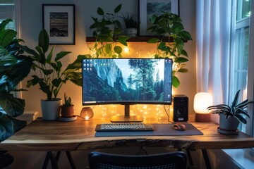 A tranquil workspace with a wooden desk, soft lighting, and a calming color palette