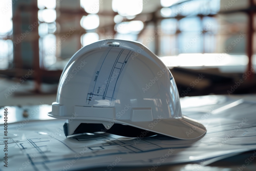 Wall mural a white safety helmet resting on a detailed construction blueprint with a hard-working atmosphere