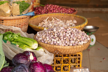 Fresh vegetables on display in a traditional market	
