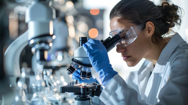 Biotechnologists working with advanced microscopes and AI-driven diagnostic tools