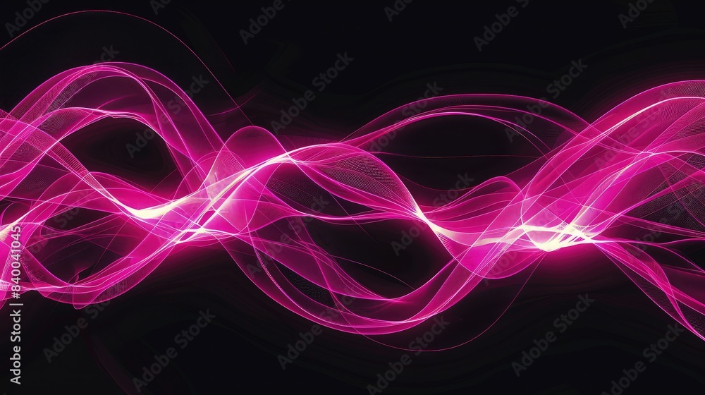 Poster a dynamic abstract design with bright neon pink wave lines that swirl and twist over a deep black ca