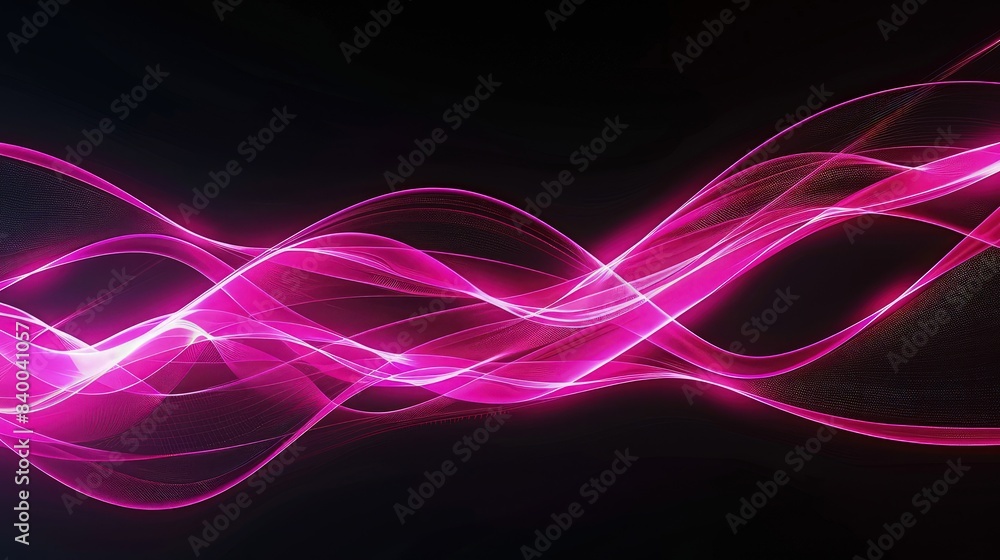 Poster a dynamic abstract design with bright neon pink wave lines that swirl and twist over a deep black ca