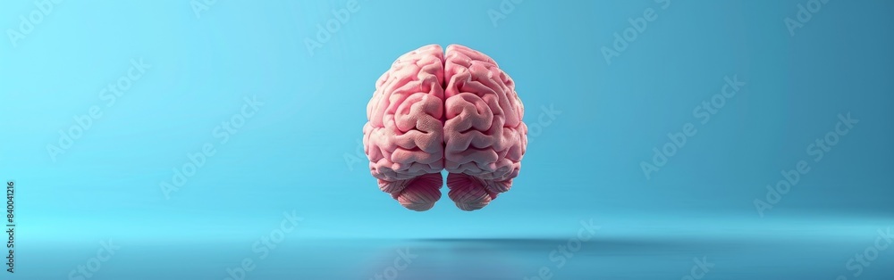 Poster a pink brain floats in front of a blue background. it is a simple, abstract image that evokes though