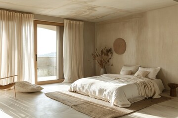 Minimalist Bedroom with Neutral Curtains, Bedroom with neutral-colored curtains and simple decor
