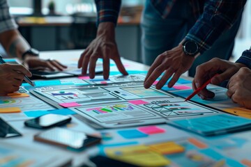 Fototapeta premium Close up ux developer and ui designer brainstorming at office. Creative digital development agency