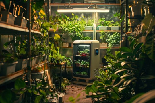 An AI-driven robot gardener tending to plants in a lush, automated greenhouse