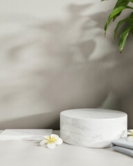 Circle and rectangle white marble podiums are on a white table against the white wall.