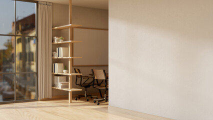 The interior design of a contemporary office corridor with a meeting room. place of work concept.