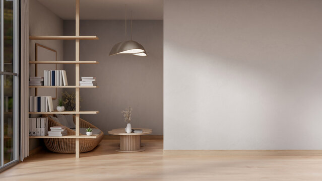 The interior design of a contemporary minimalist home corridor with a living space.