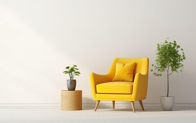 Scandinavian indoor design. Warm toned living room interior wall mockup with a yellow armchair and a background of a white wall, green plants. AI Generative.