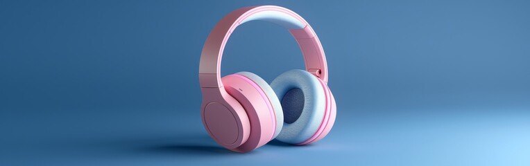 A pair of pink headphones are floating on a blue background