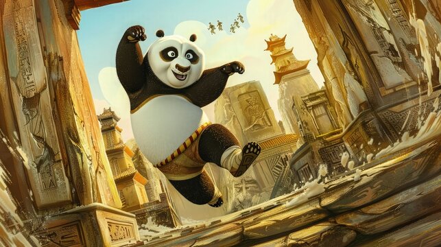 Cheerful animated panda warrior jumps energetically between ancient temple ruins, ideal for children's advertising or entertainment media banners.