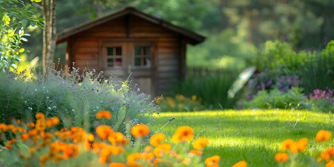 Obraz premium Closeup photo of a small wooden chalet with green grass and flowers. Concept Closeup Photography, Wooden Chalet, Green Grass, Flowers, Nature Shot